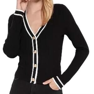 EXPRESS Ribbed Contract Trim Gold Emblem Button Sweater in Black Size S